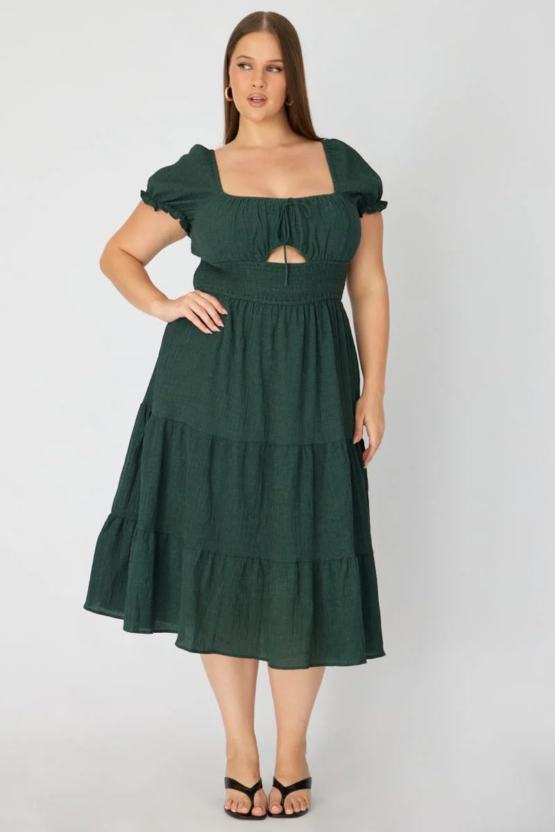 Green Midi Dress Short Sleeve Ruched Bust Cut Out - Image 3