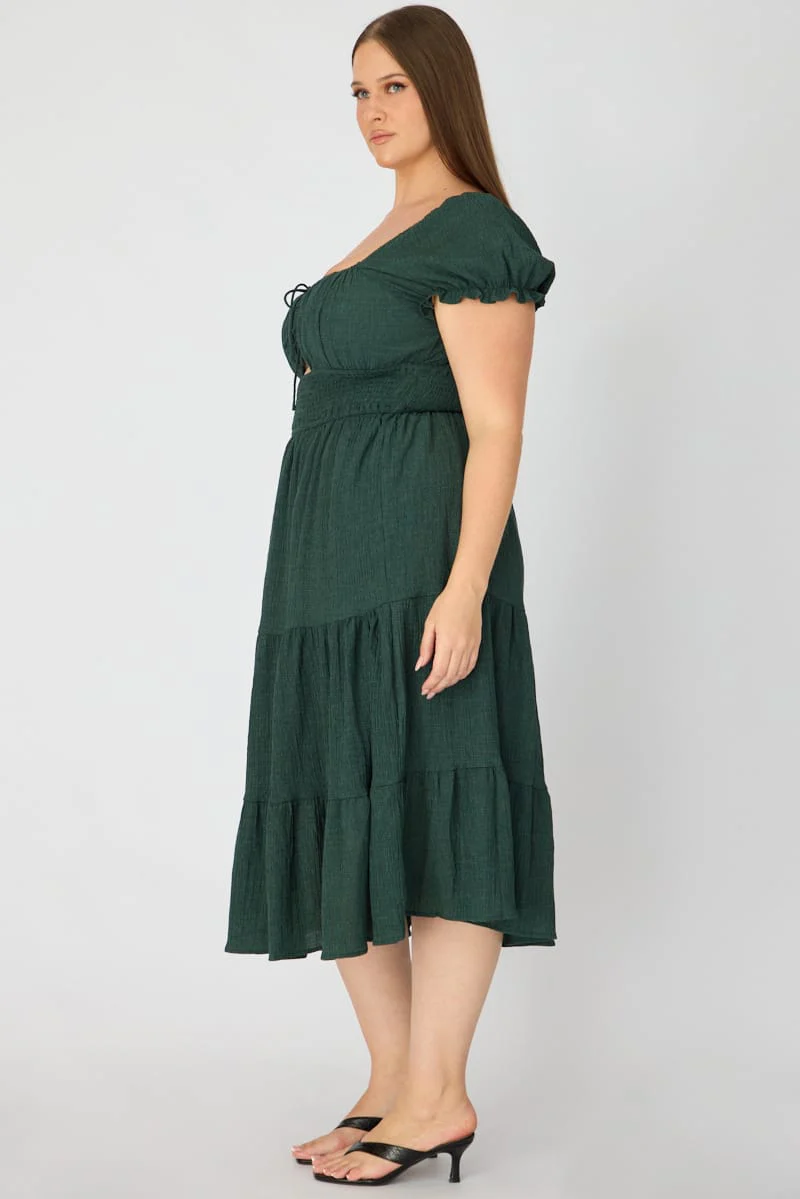 Green Midi Dress Short Sleeve Ruched Bust Cut Out - Image 4