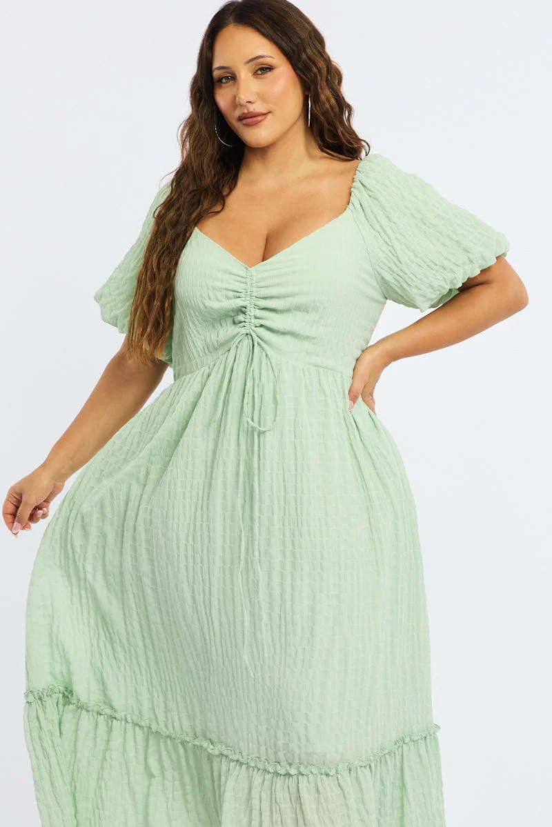 Green Midi Dress Short Sleeve Ruched Bust Textured - Image 2