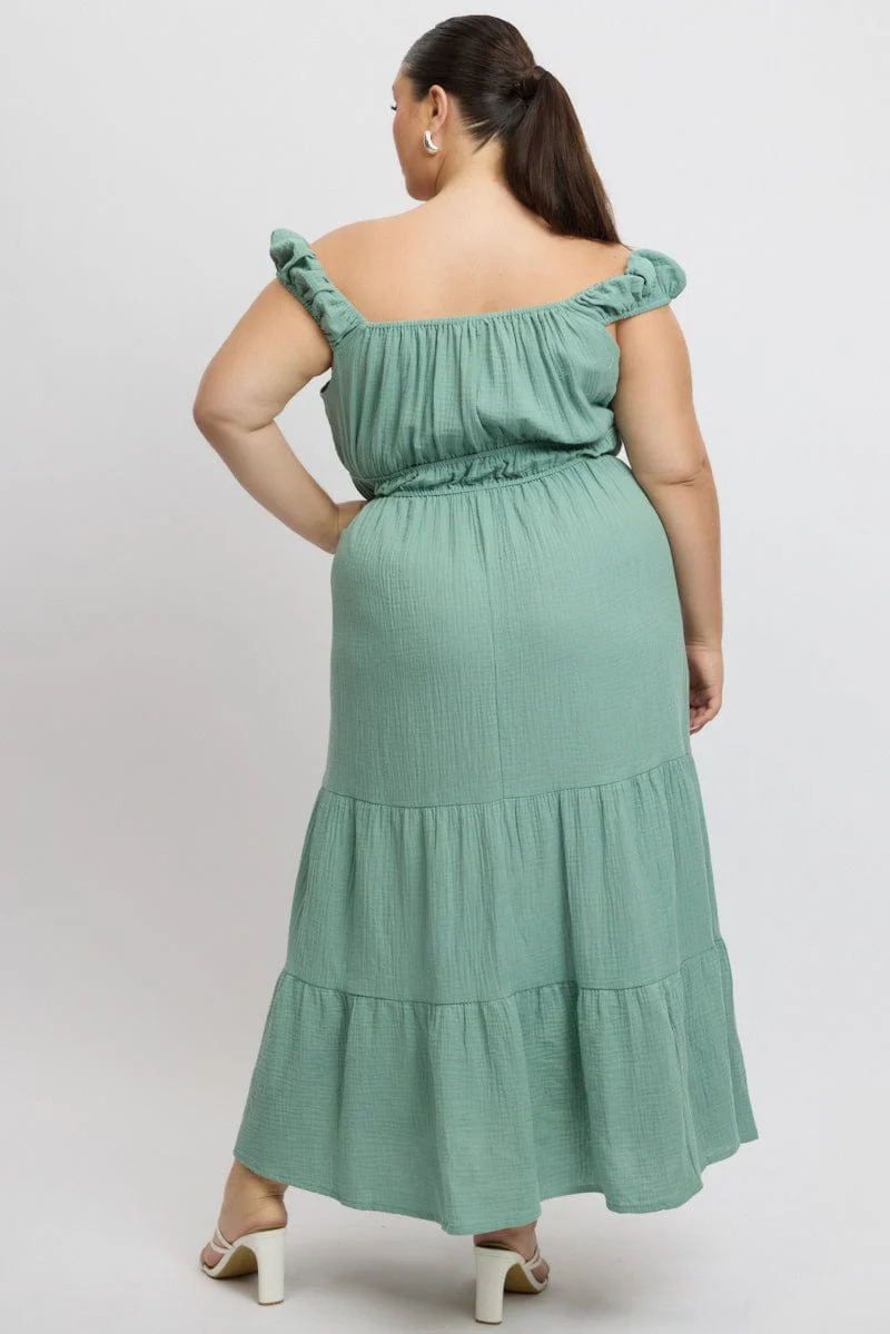 Green Midi Dress Short Sleeve Ruched - Image 5