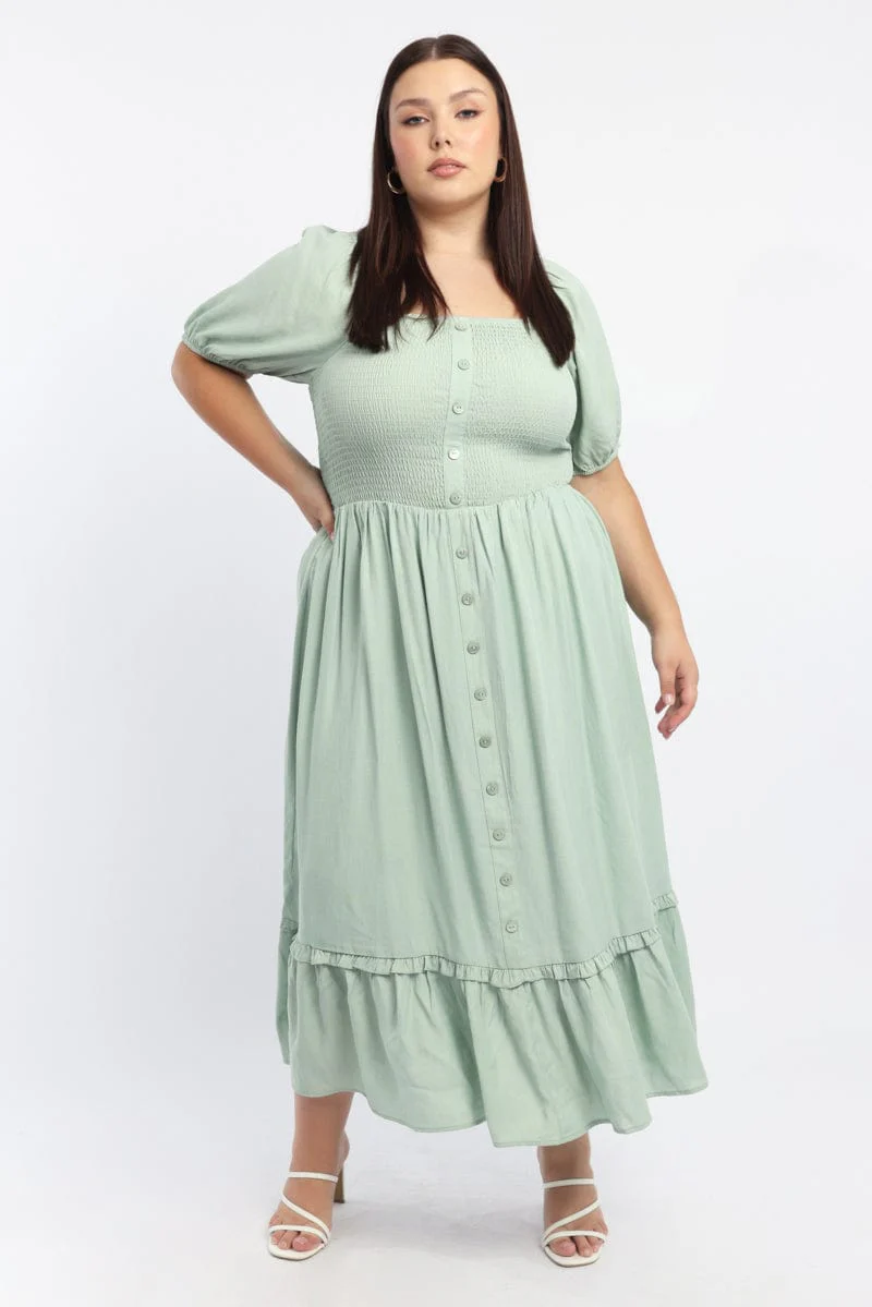 Green Midi Dress Short Sleeve Shirred Bust