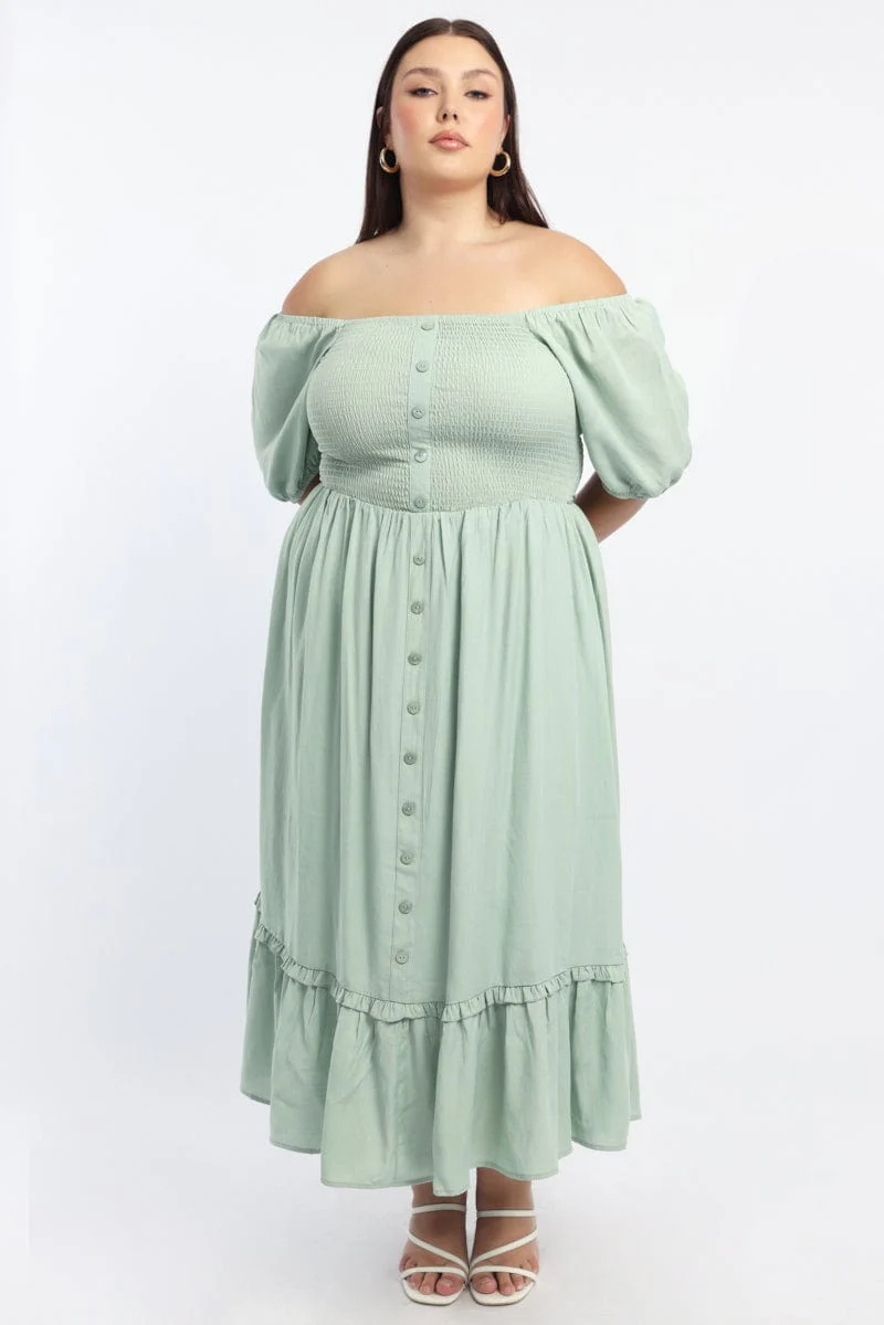 Green Midi Dress Short Sleeve Shirred Bust - Image 2