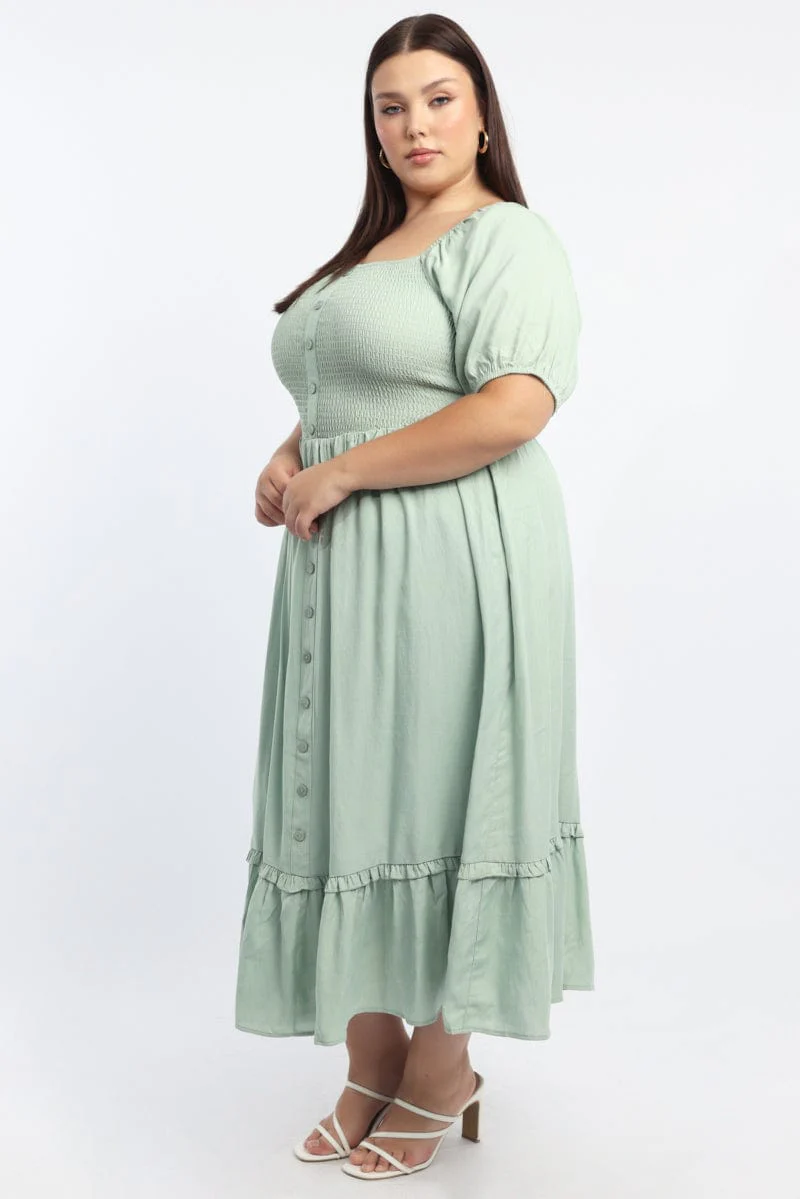 Green Midi Dress Short Sleeve Shirred Bust - Image 3
