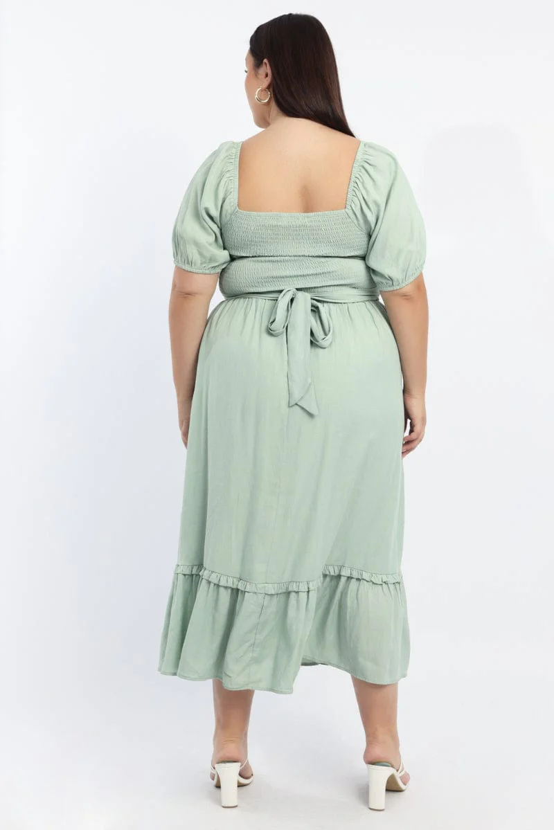 Green Midi Dress Short Sleeve Shirred Bust - Image 4