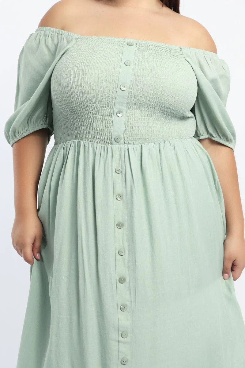Green Midi Dress Short Sleeve Shirred Bust - Image 5