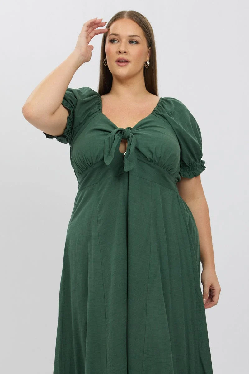 Green Midi Dress Short Sleeve Tie Front - Image 2
