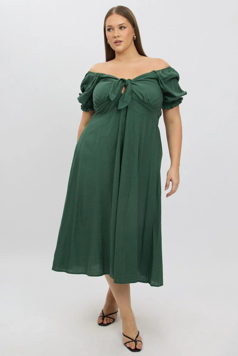 Green Midi Dress Short Sleeve Tie Front - Image 3
