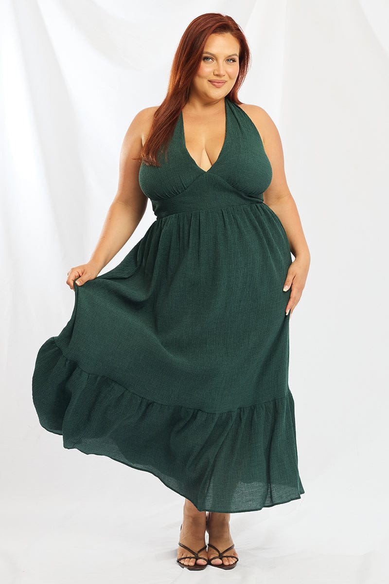 Green Midi Dress Sleeveless Halter Neck Textured