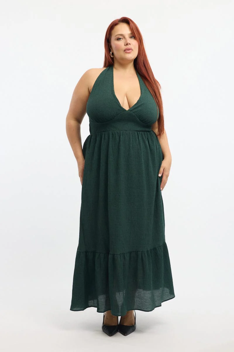 Green Midi Dress Sleeveless Halter Neck Textured - Image 2