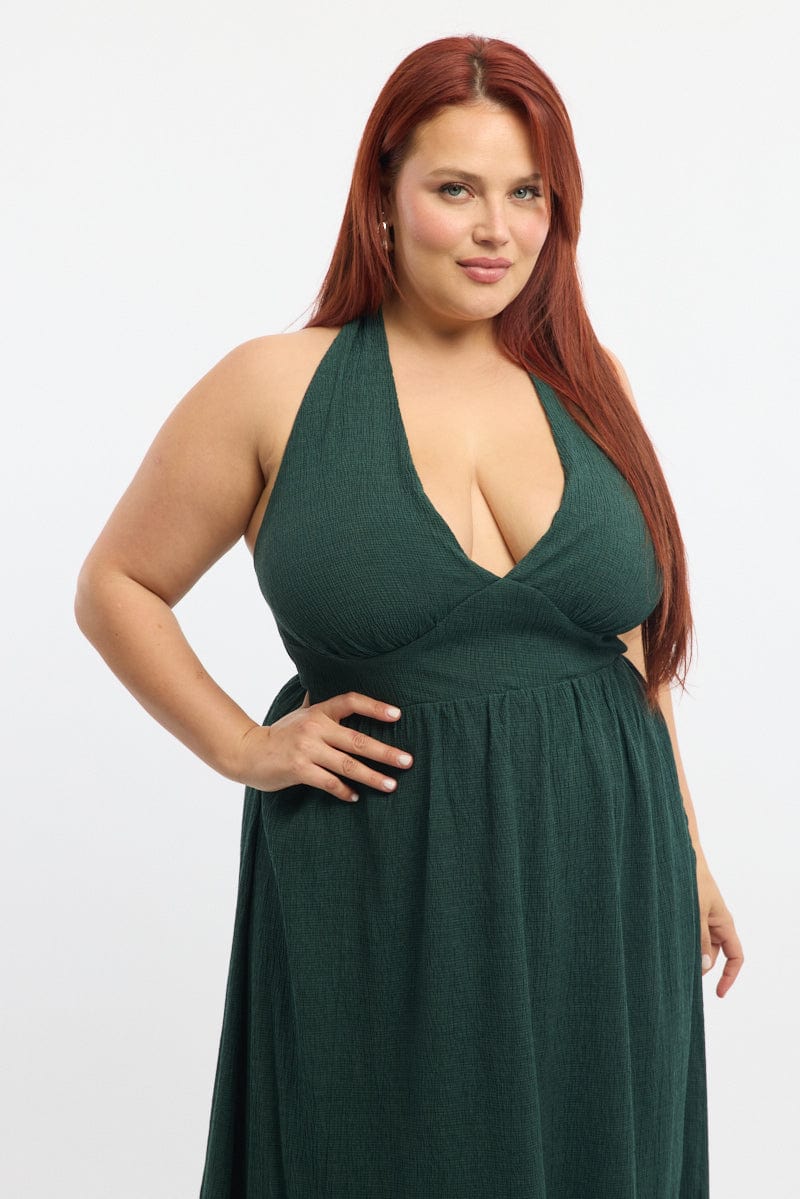 Green Midi Dress Sleeveless Halter Neck Textured - Image 3