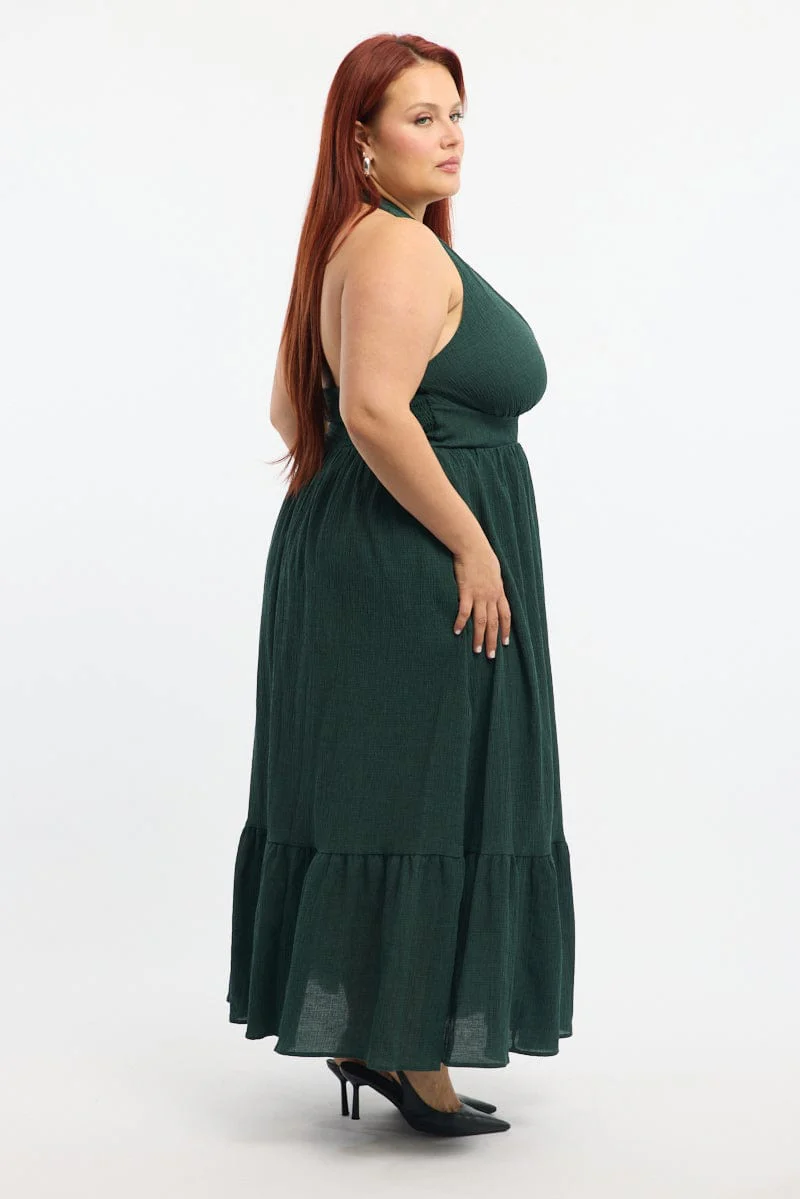 Green Midi Dress Sleeveless Halter Neck Textured - Image 4