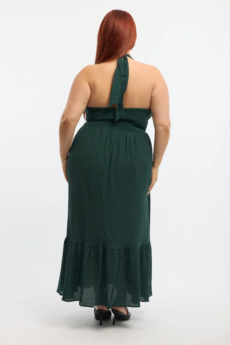Green Midi Dress Sleeveless Halter Neck Textured - Image 5