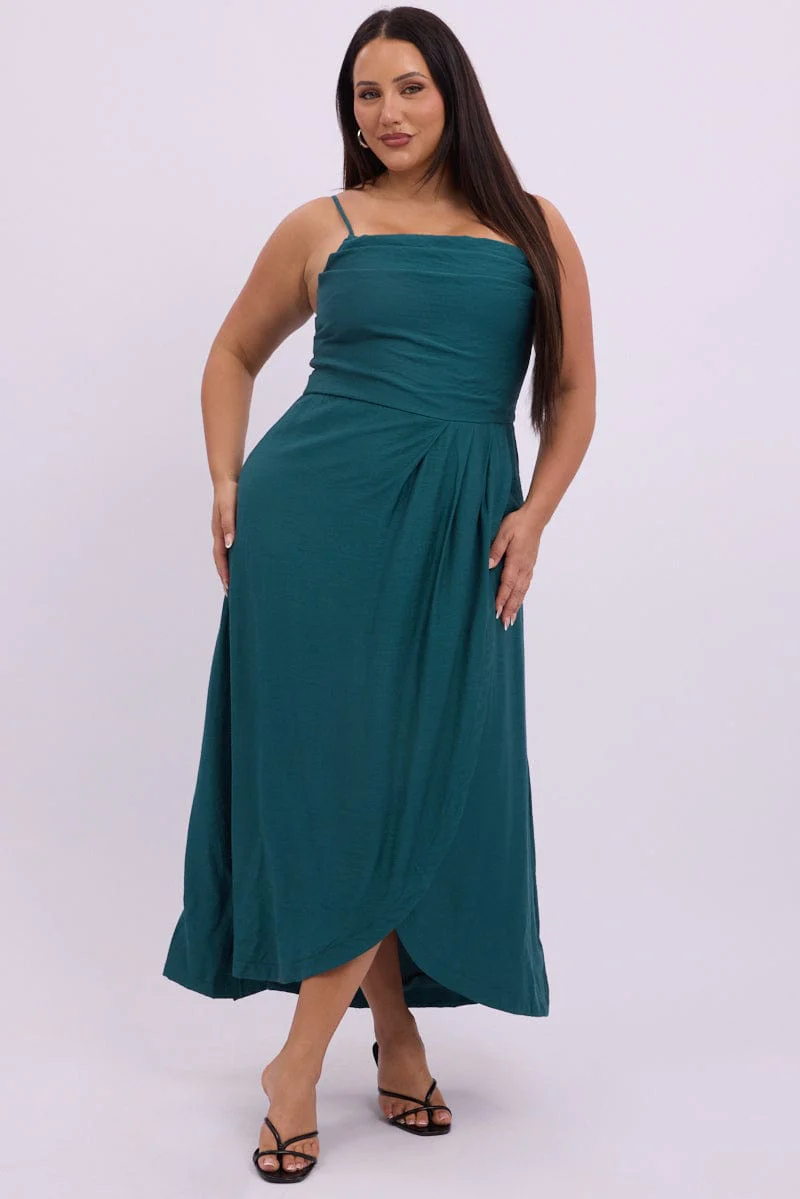 Green Midi Dress Sleeveless Wrap Front - Image 3