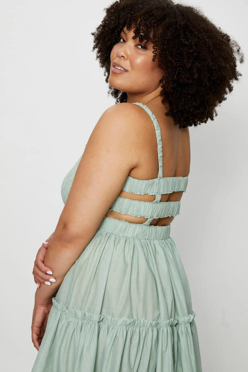 Green Midi Dress Square Neck Sleeveless - Image 2