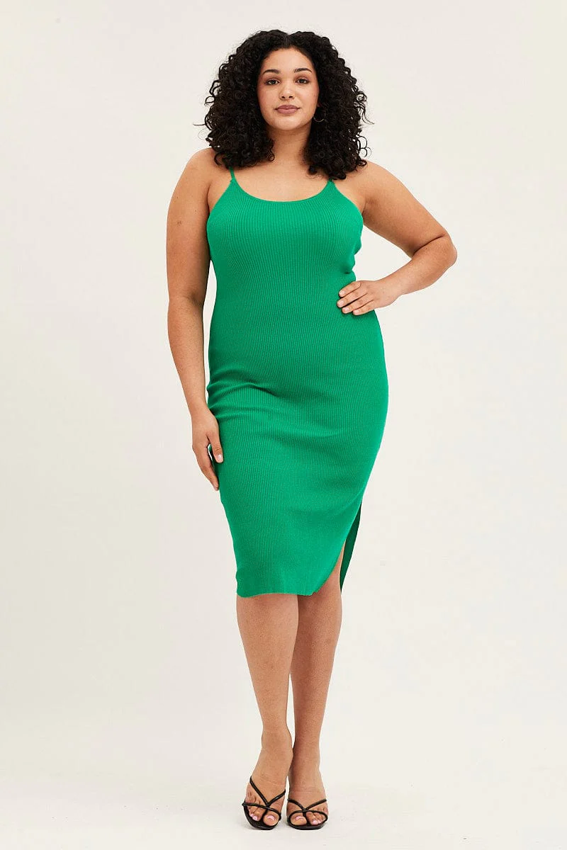 Green Midi Knit Bodycon Dress Scoop Neck Sleeveless - Image 3