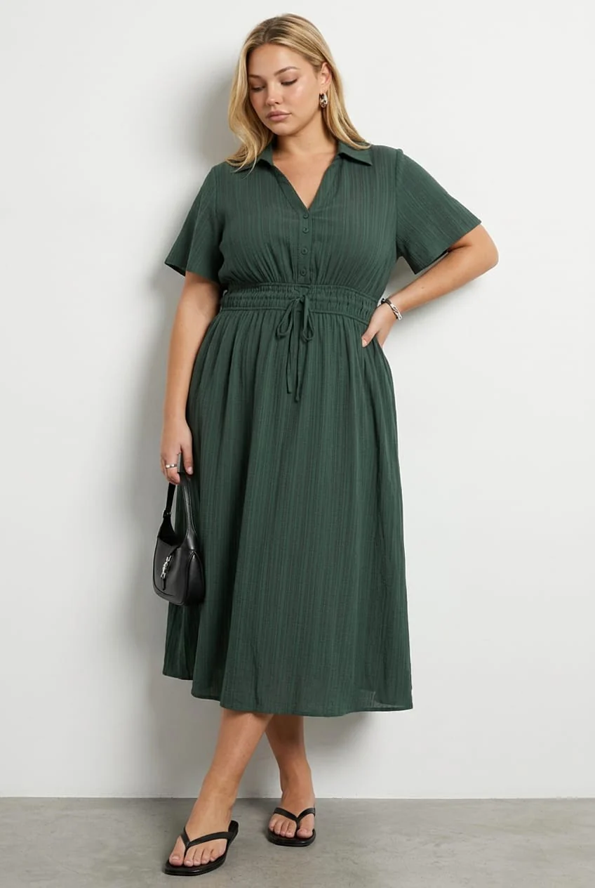 Green Midi Shirt Dress Short Sleeve Textured