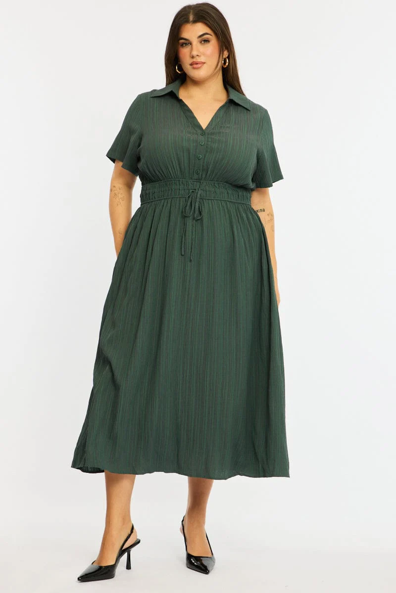 Green Midi Shirt Dress Short Sleeve Textured - Image 2