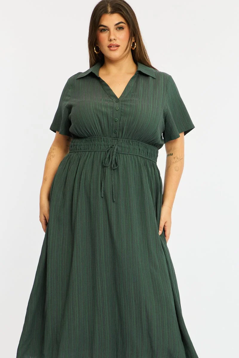 Green Midi Shirt Dress Short Sleeve Textured - Image 3