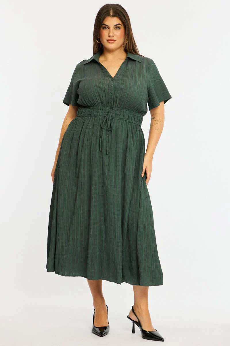 Green Midi Shirt Dress Short Sleeve Textured - Image 4