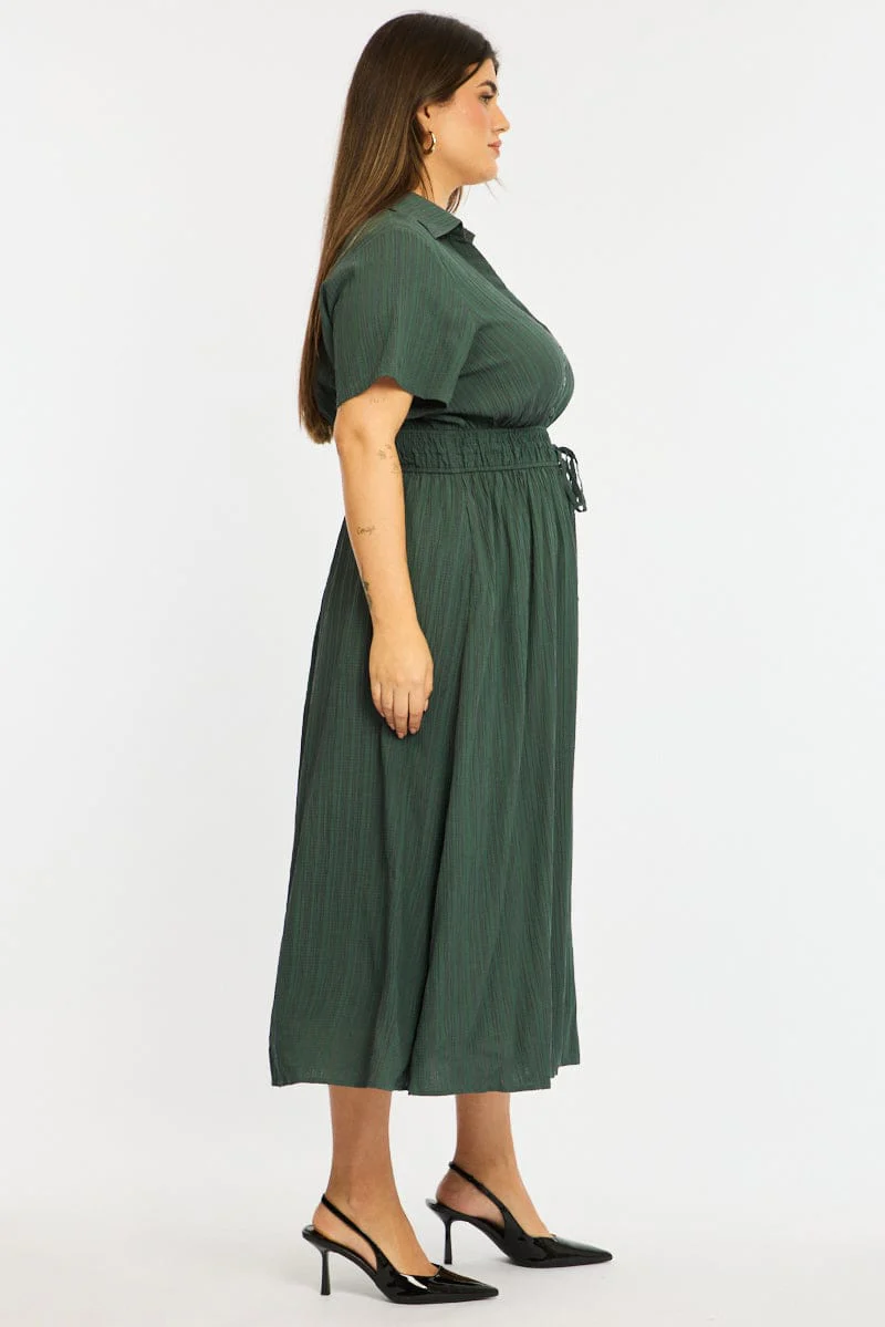 Green Midi Shirt Dress Short Sleeve Textured - Image 5