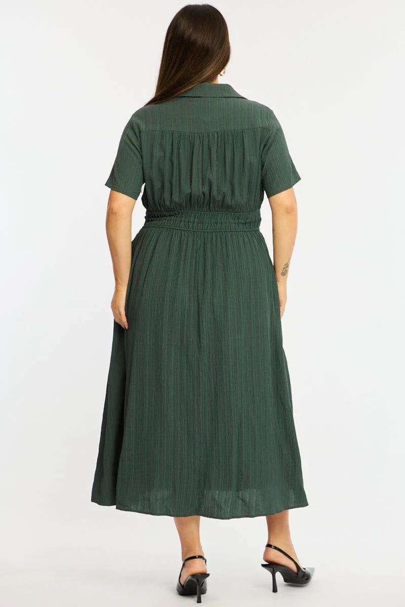 Green Midi Shirt Dress Short Sleeve Textured - Image 6