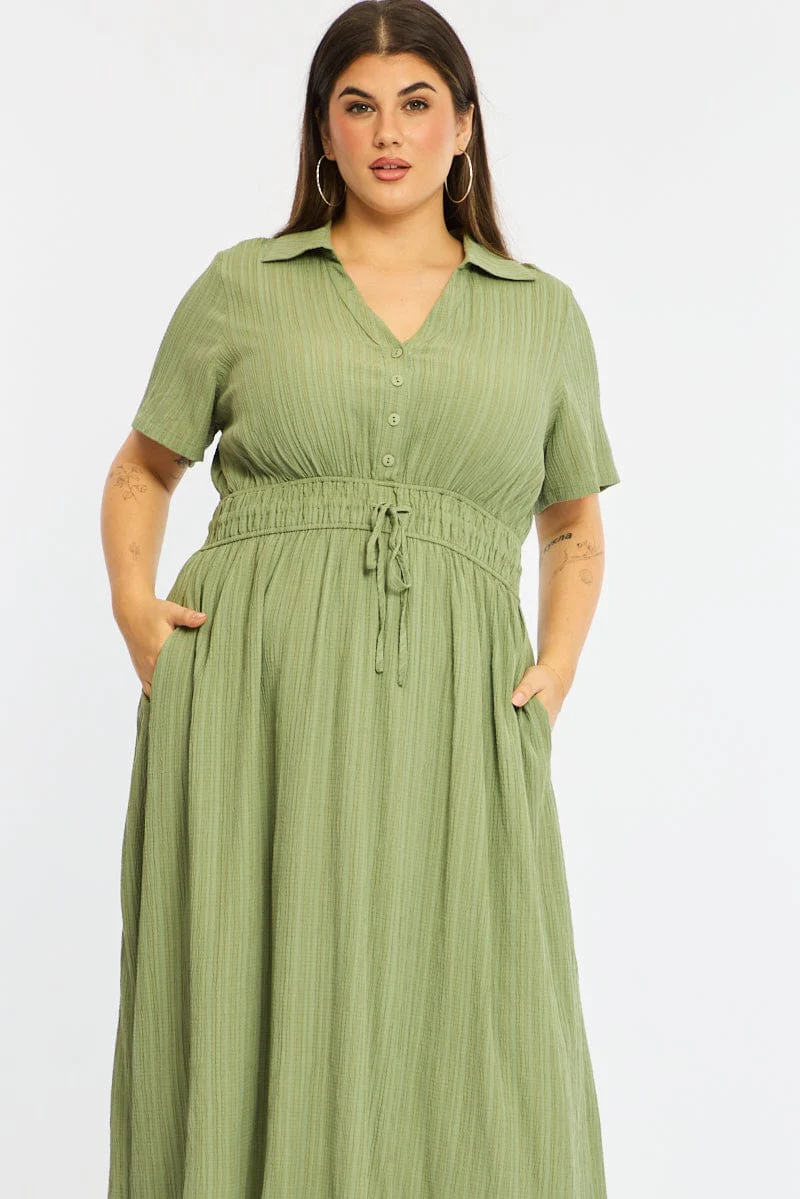 Green Midi Shirt Dress Short Sleeve Textured - Image 2