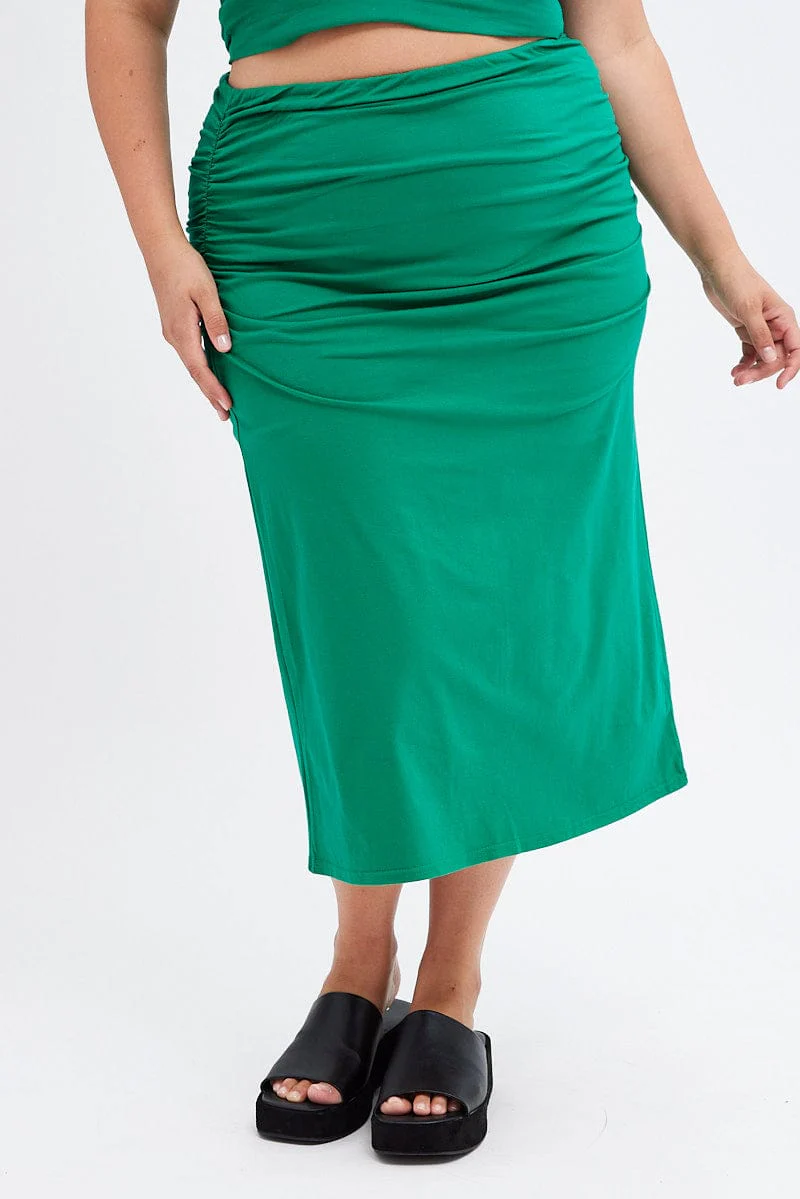 Green Midi Skirt Elastic Waist Gather Double Layer - Image 2