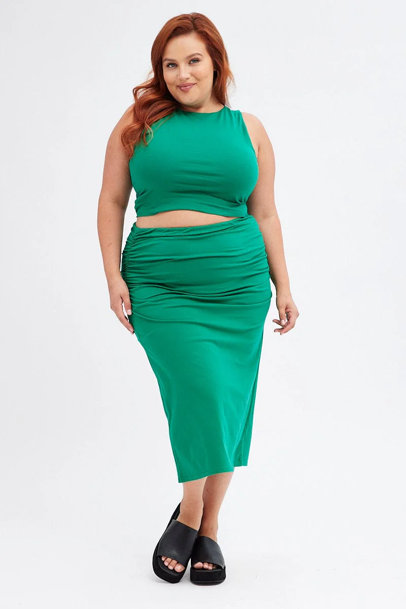 Green Midi Skirt Elastic Waist Gather Double Layer - Image 3