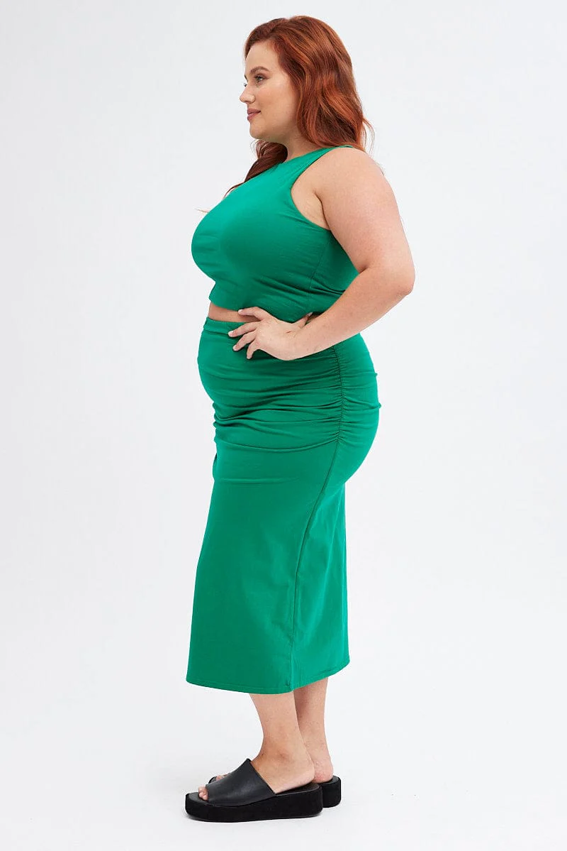 Green Midi Skirt Elastic Waist Gather Double Layer - Image 4