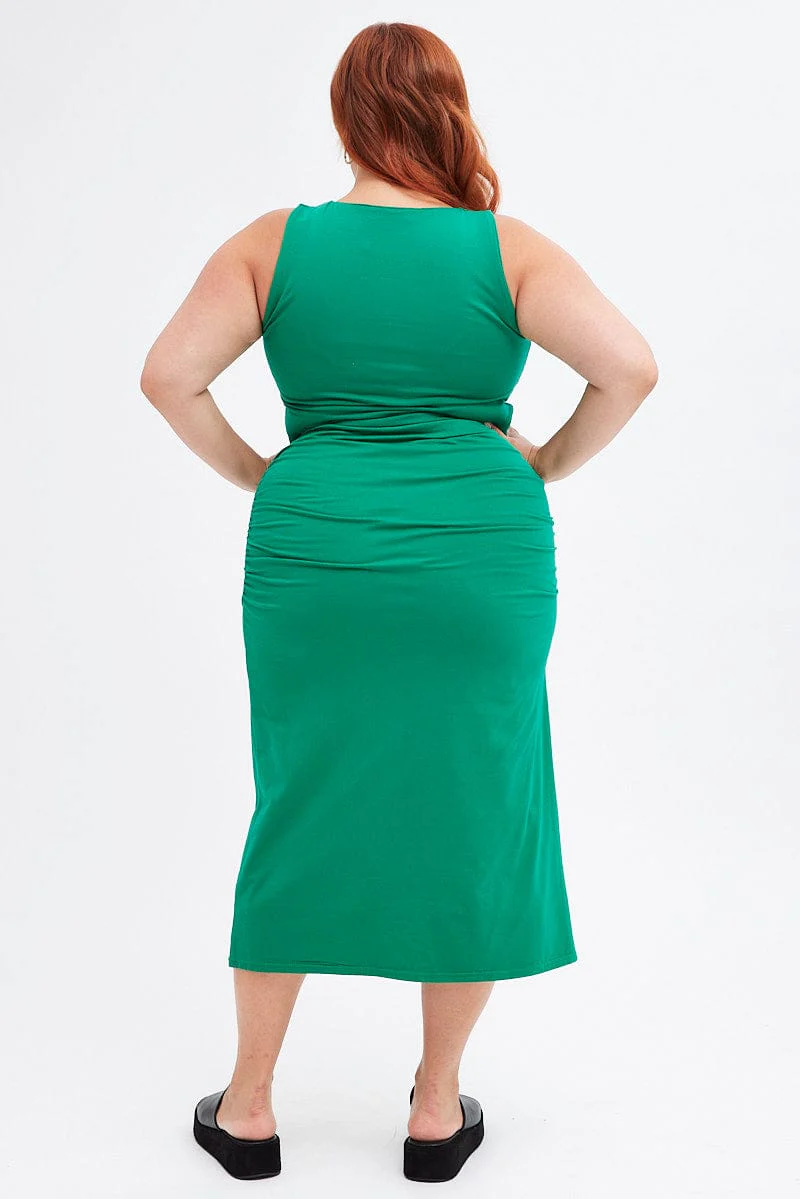 Green Midi Skirt Elastic Waist Gather Double Layer - Image 5