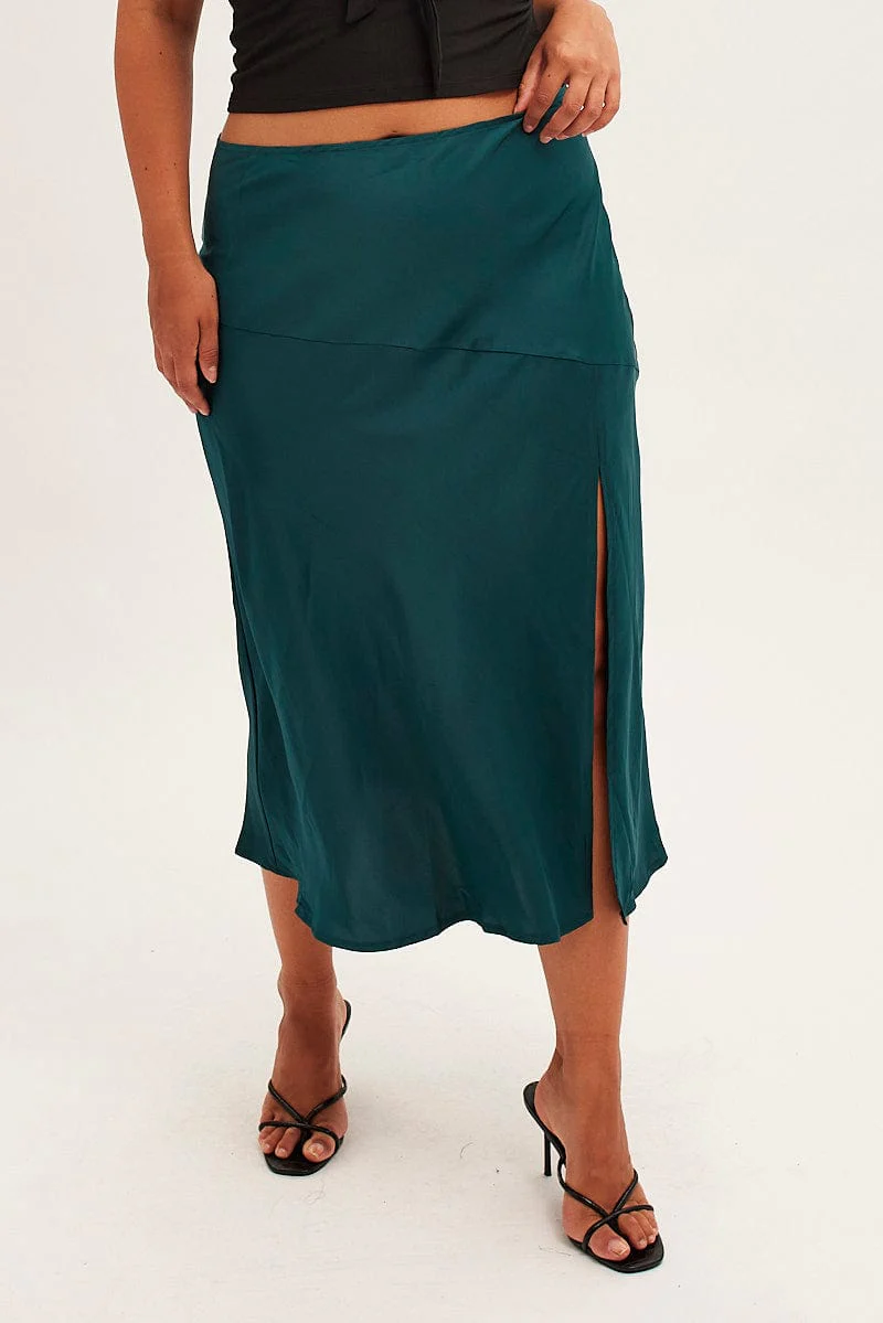 Green Midi Skirt High Waist Split Satin - Image 2