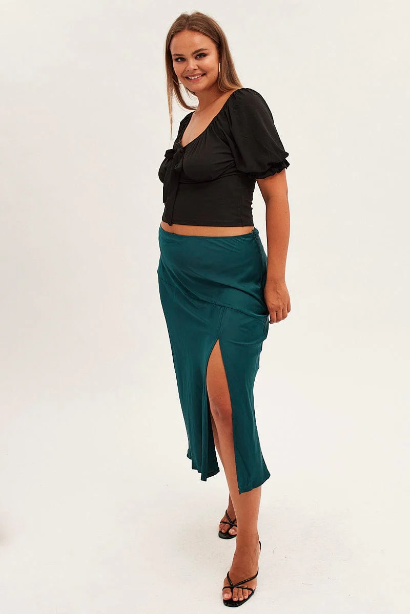 Green Midi Skirt High Waist Split Satin - Image 3