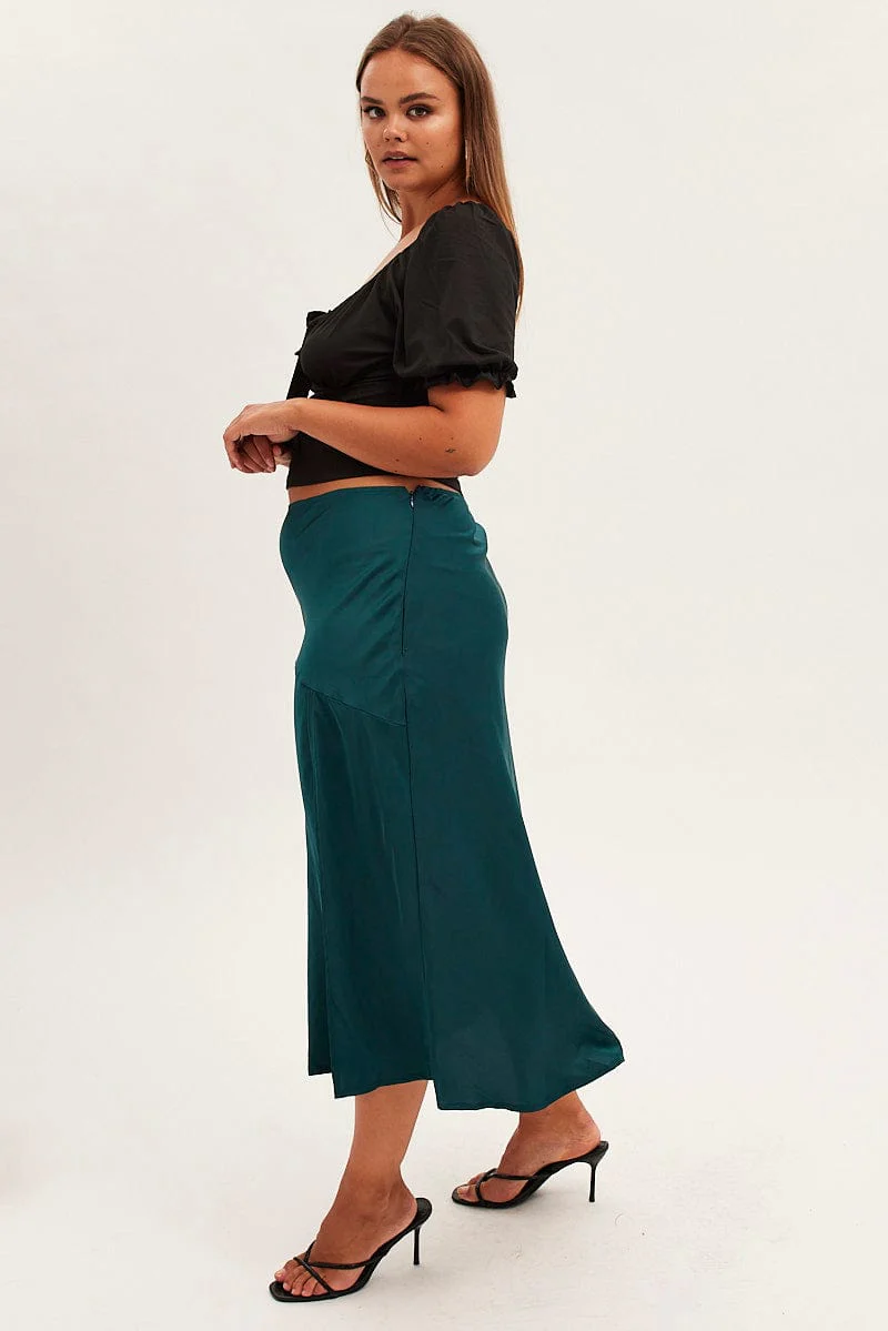 Green Midi Skirt High Waist Split Satin - Image 4