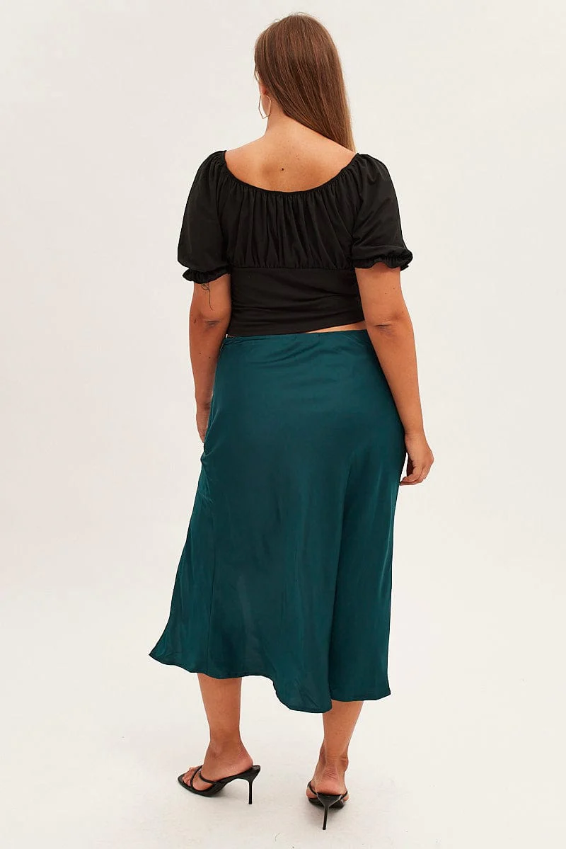 Green Midi Skirt High Waist Split Satin - Image 5