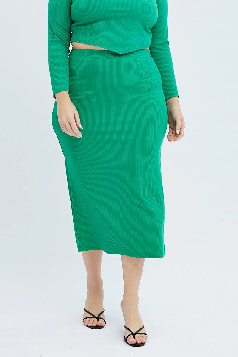 Green Midi Skirt Rib Jersey Bodycon - Image 2