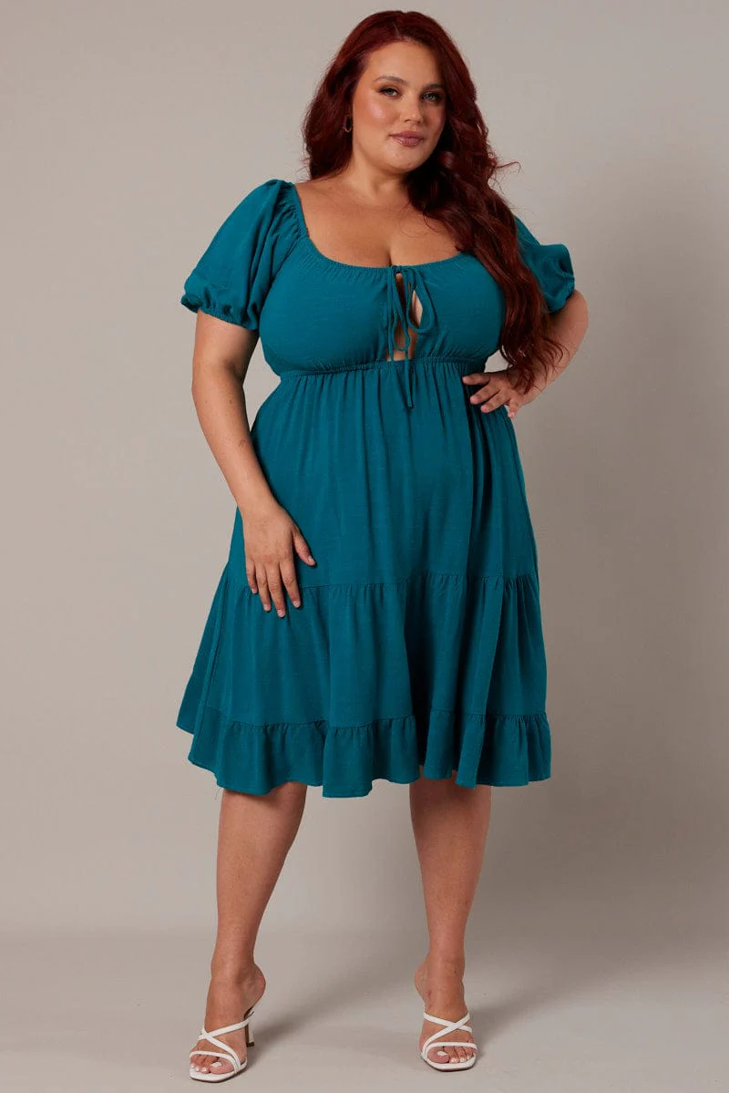 Green Mini Dress Linen Blend Puff Sleeve Sweetheart Neck - Image 3