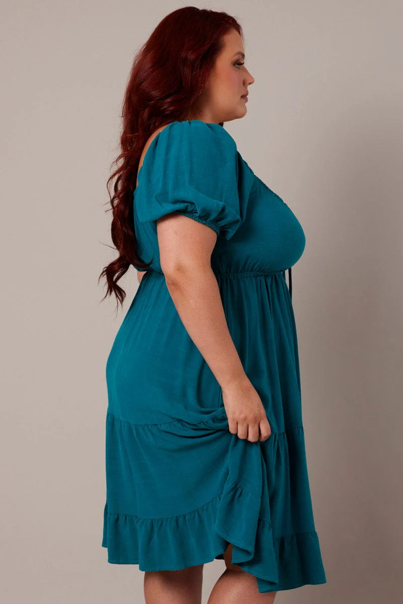 Green Mini Dress Linen Blend Puff Sleeve Sweetheart Neck - Image 4
