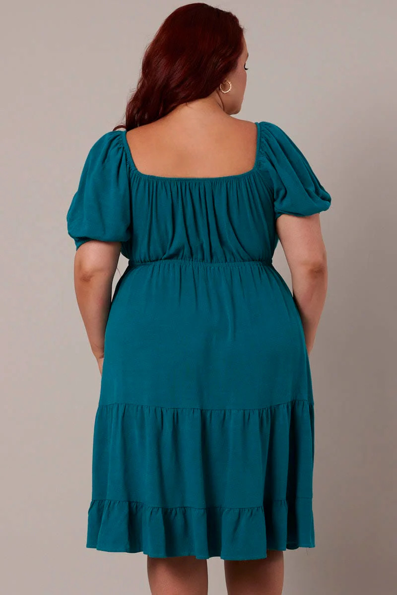 Green Mini Dress Linen Blend Puff Sleeve Sweetheart Neck - Image 5