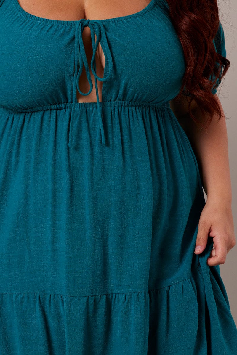 Green Mini Dress Linen Blend Puff Sleeve Sweetheart Neck - Image 6