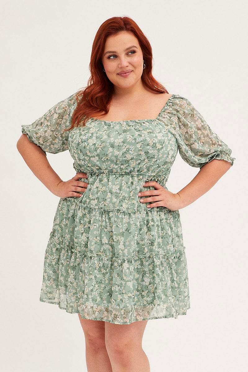 Green Mini Dress Short Puff Sleeve Ruched Bust - Image 2