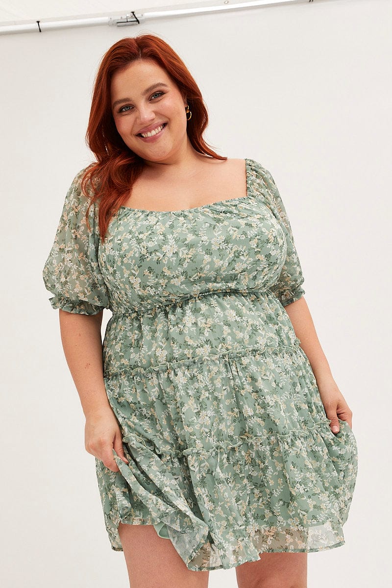 Green Mini Dress Short Puff Sleeve Ruched Bust - Image 3