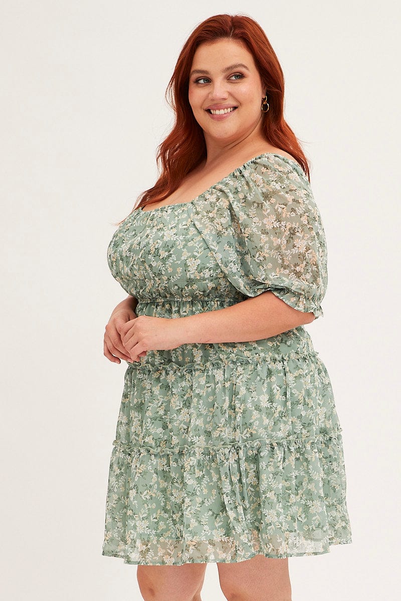 Green Mini Dress Short Puff Sleeve Ruched Bust - Image 4