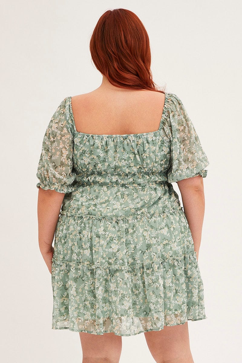 Green Mini Dress Short Puff Sleeve Ruched Bust - Image 5