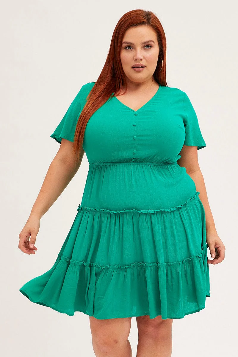 Green Mini Dress Short Sleeve Button Front Crinkle Rayon - Image 3