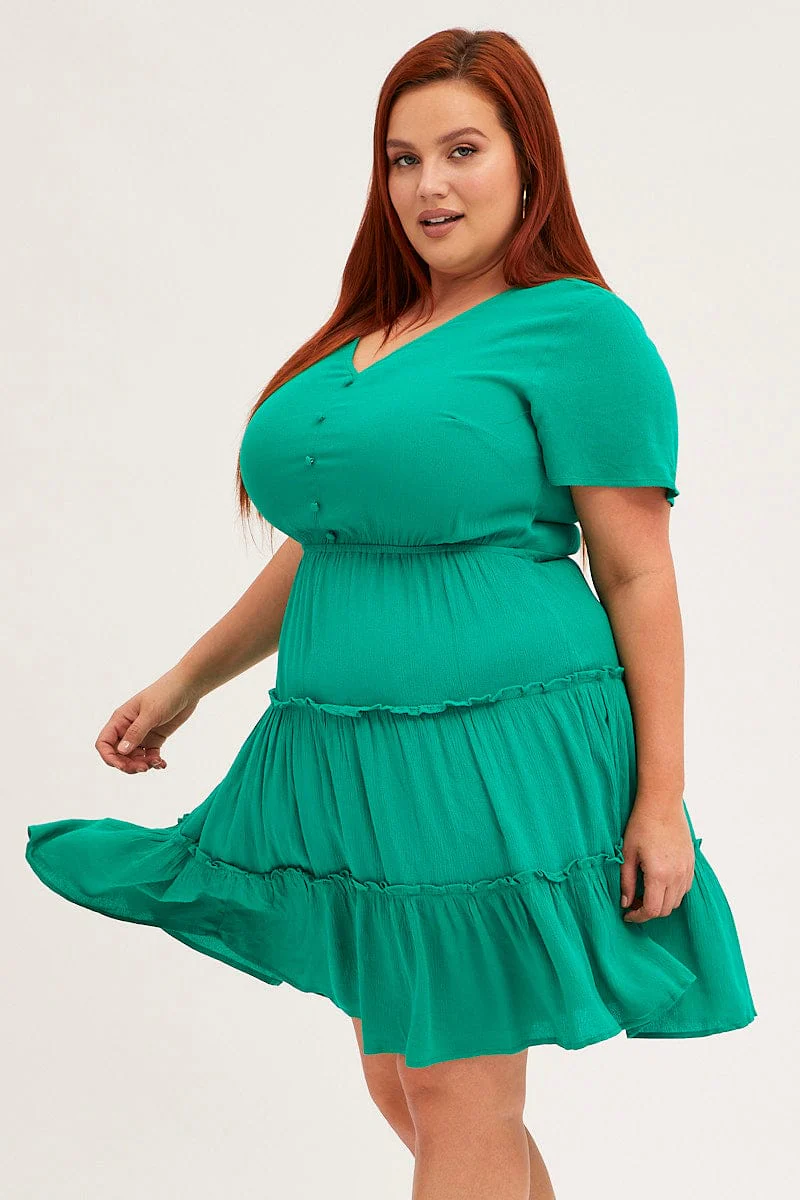 Green Mini Dress Short Sleeve Button Front Crinkle Rayon - Image 4
