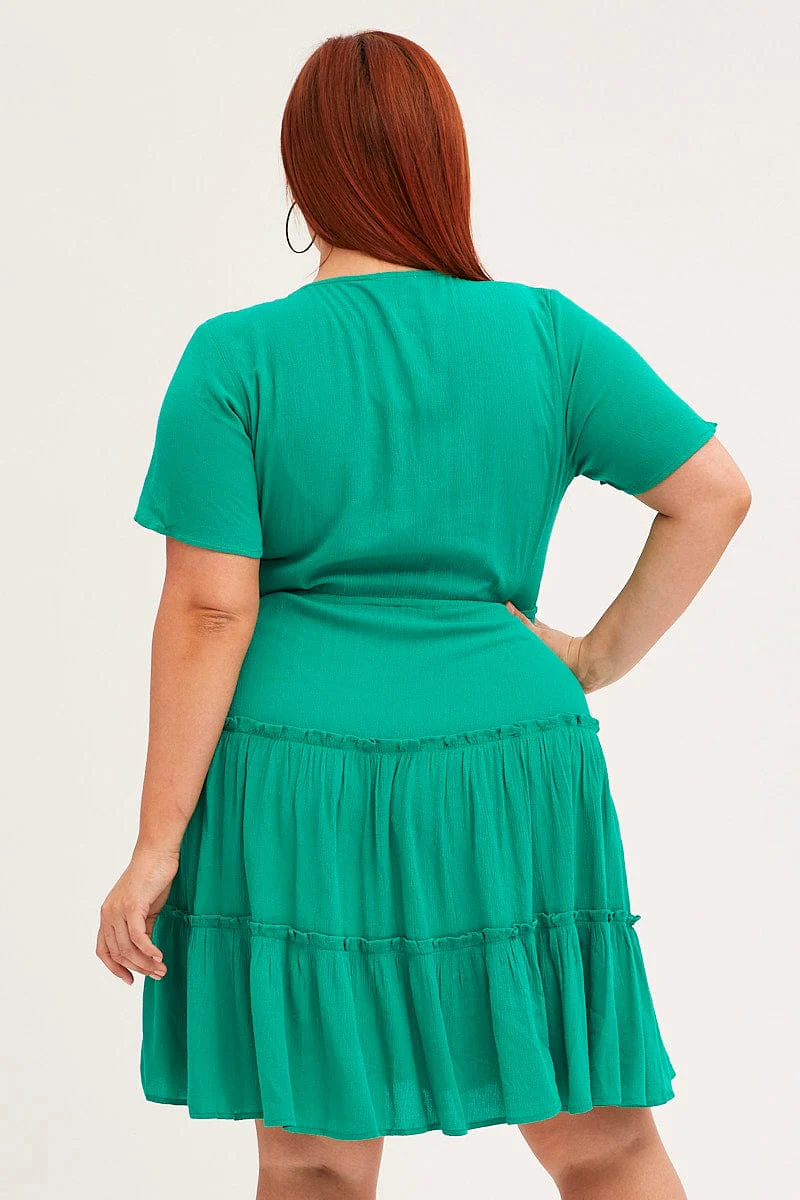 Green Mini Dress Short Sleeve Button Front Crinkle Rayon - Image 5