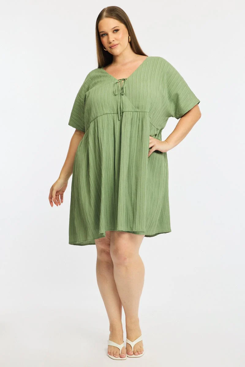 Green Mini Dress Textured Tie Front - Image 2