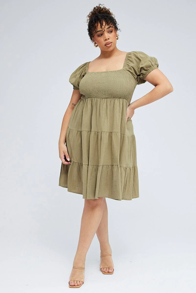 Green Mini Dress Tiered Shirred Bust Puff Sleeve - Image 2