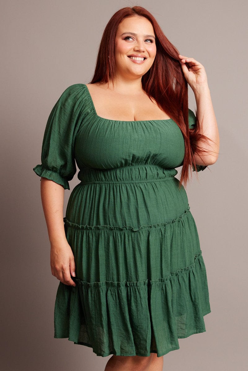 Green Mini Dress With Elastic Waist And Frill Skirt - Image 3