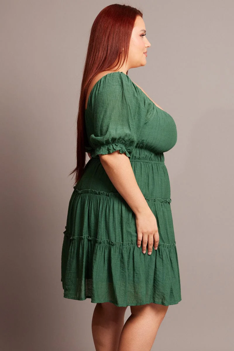 Green Mini Dress With Elastic Waist And Frill Skirt - Image 4